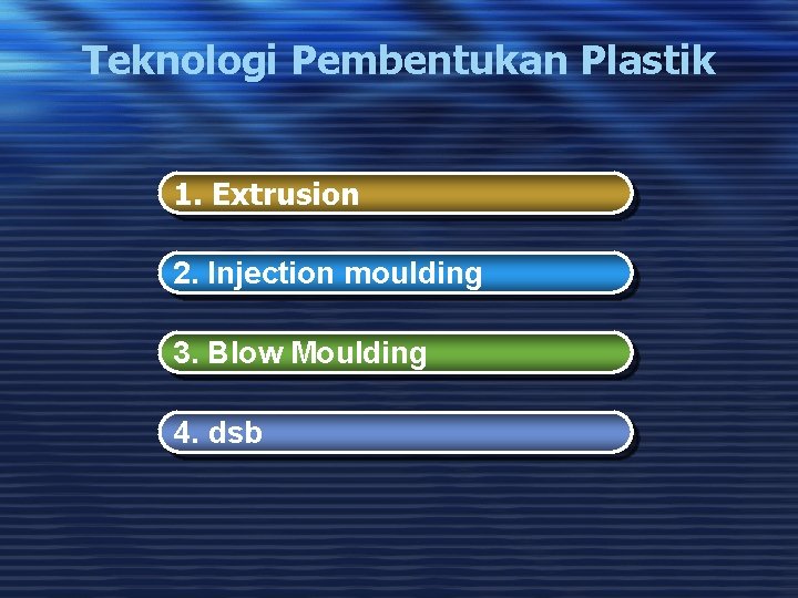 Teknologi Pembentukan Plastik 1. Extrusion 2. Injection moulding 3. Blow Moulding 4. dsb 