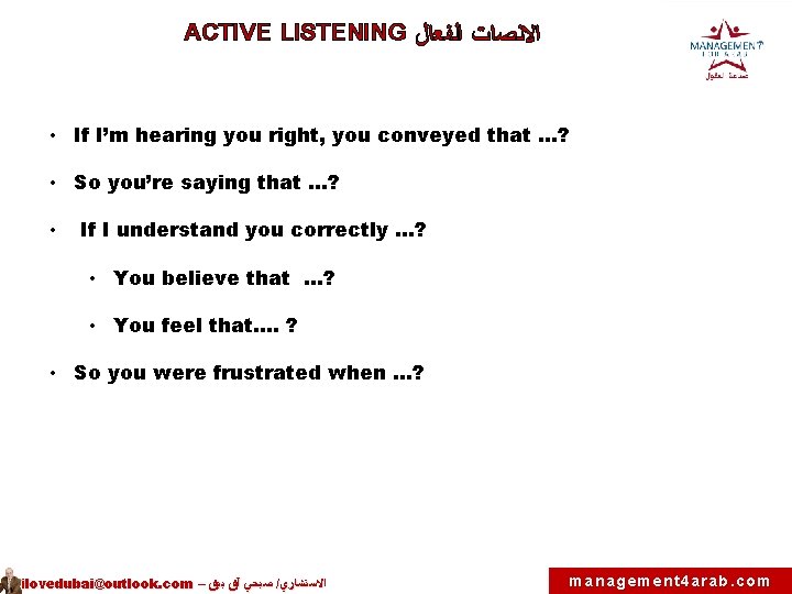 ACTIVE LISTENING ﺍﻻﻧﺼﺎﺕ ﺍﻟﻔﻌﺎﻝ • If I’m hearing you right, you conveyed that …?