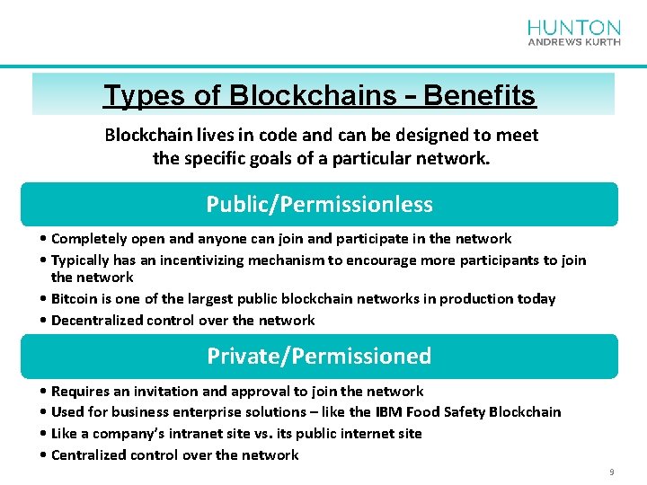 Types of Blockchains – Benefits Blockchain lives in code and can be designed to