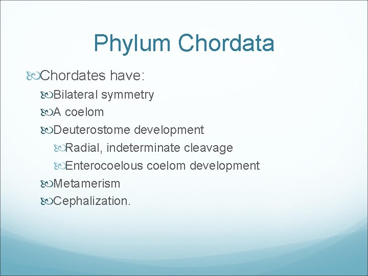 Phylum Chordata Chordates have: Bilateral symmetry A coelom Deuterostome development Radial, indeterminate cleavage Enterocoelous