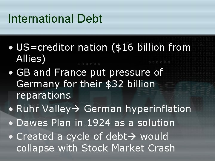 International Debt • US=creditor nation ($16 billion from Allies) • GB and France put