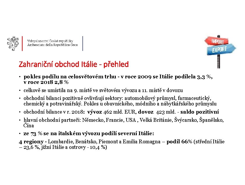 Zahraniční obchod Itálie - přehled • pokles podílu na celosvětovém trhu - v roce