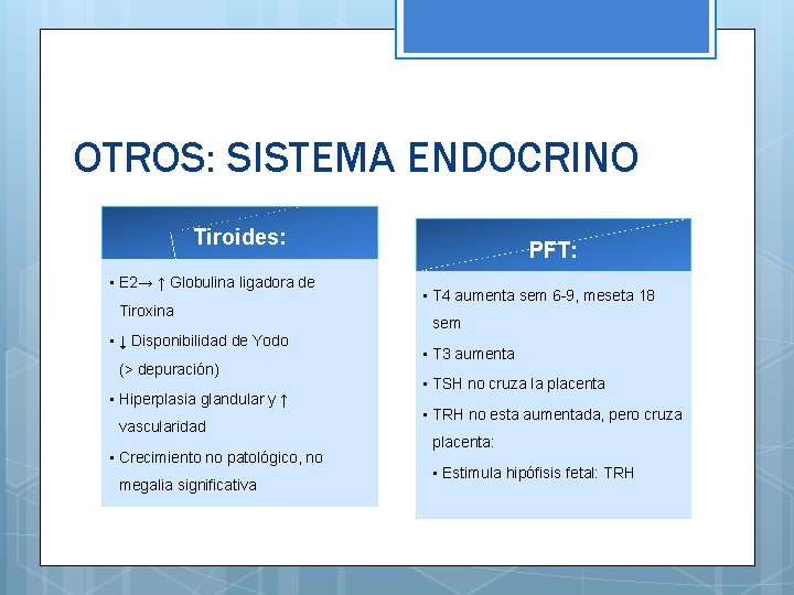 OTROS: SISTEMA ENDOCRINO Tiroides: • E 2→ ↑ Globulina ligadora de Tiroxina • ↓