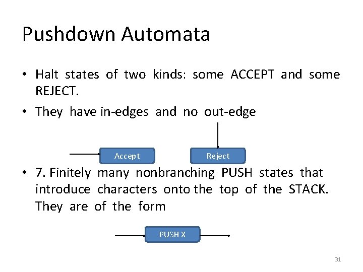 Pushdown Automata • Halt states of two kinds: some ACCEPT and some REJECT. •