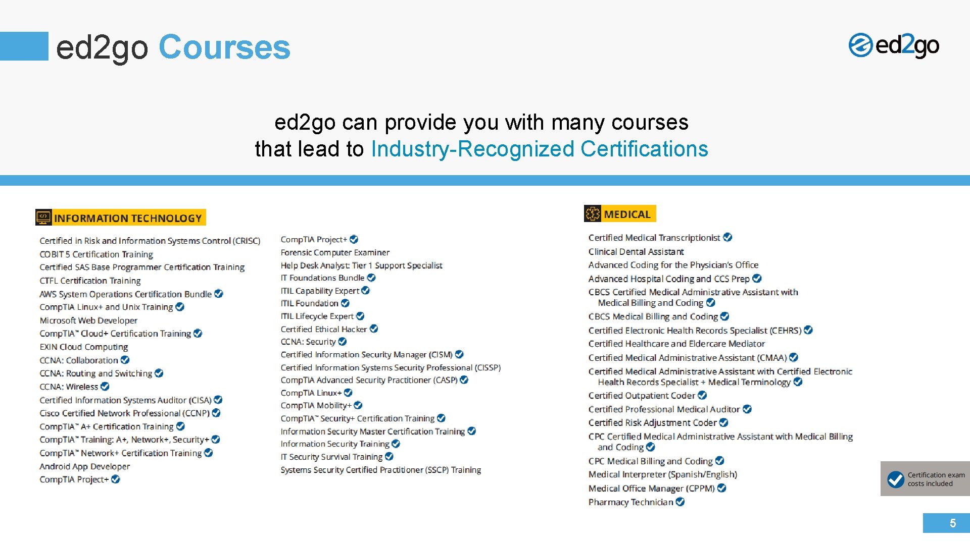 ed 2 go Courses ed 2 go can provide you with many courses that
