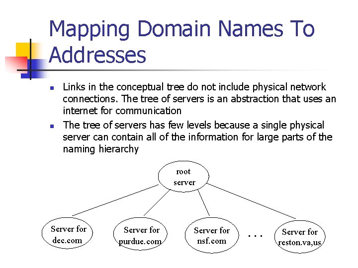 Mapping Domain Names To Addresses n n Links in the conceptual tree do not