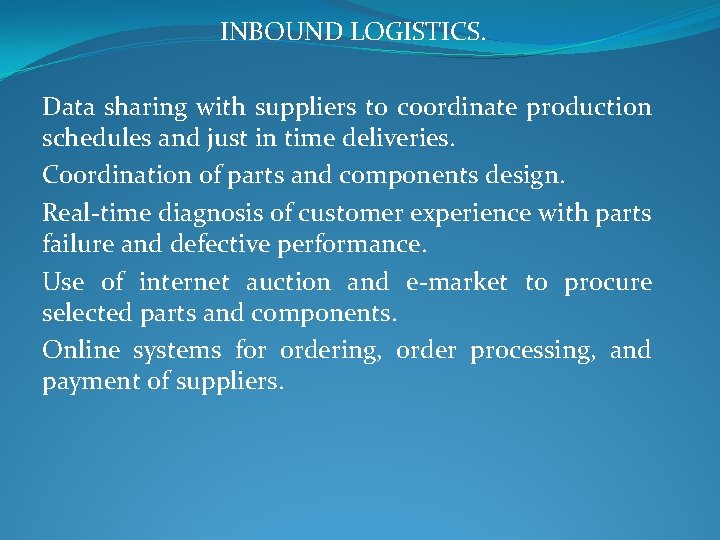 INBOUND LOGISTICS. Data sharing with suppliers to coordinate production schedules and just in time