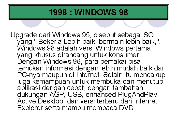 1998 : WINDOWS 98 Upgrade dari Windows 95, disebut sebagai SO yang " Bekerja