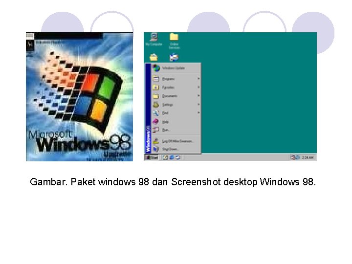 Gambar. Paket windows 98 dan Screenshot desktop Windows 98. 