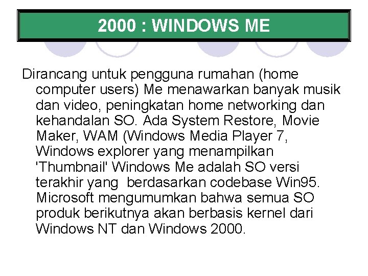 2000 : WINDOWS ME Dirancang untuk pengguna rumahan (home computer users) Me menawarkan banyak