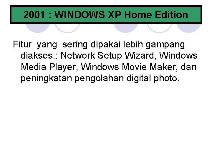 2001 : WINDOWS XP Home Edition Fitur yang sering dipakai lebih gampang diakses. :