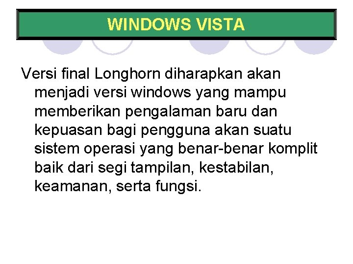 WINDOWS VISTA Versi final Longhorn diharapkan akan menjadi versi windows yang mampu memberikan pengalaman