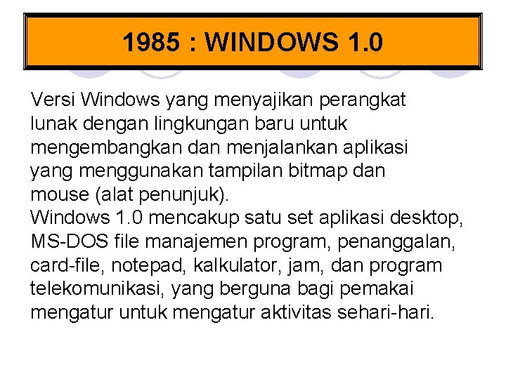 1985 : WINDOWS 1. 0 Versi Windows yang menyajikan perangkat lunak dengan lingkungan baru