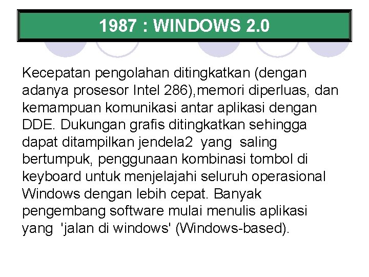 1987 : WINDOWS 2. 0 Kecepatan pengolahan ditingkatkan (dengan adanya prosesor Intel 286), memori