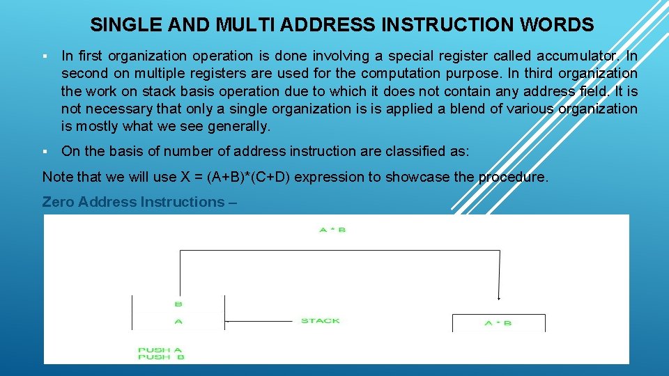 SINGLE AND MULTI ADDRESS INSTRUCTION WORDS § In first organization operation is done involving SINGLE AND MULTI ADDRESS INSTRUCTION WORDS § In first organization operation is done involving