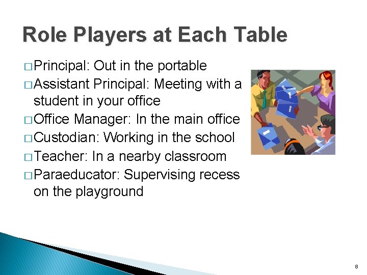 Role Players at Each Table � Principal: Out in the portable � Assistant Principal: