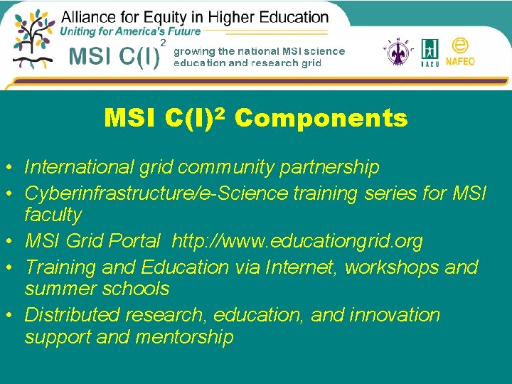 MSI C(I)2 Components • International grid community partnership • Cyberinfrastructure/e-Science training series for MSI