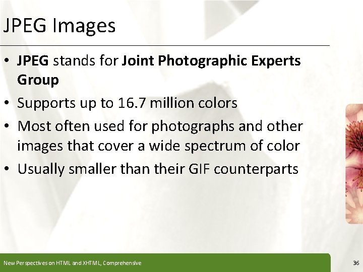 JPEG Images XP • JPEG stands for Joint Photographic Experts Group • Supports up