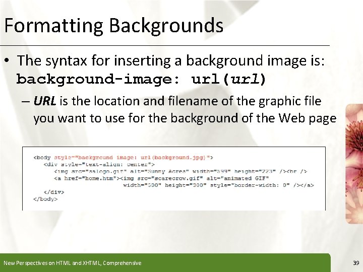 Formatting Backgrounds XP • The syntax for inserting a background image is: background-image: url(url)