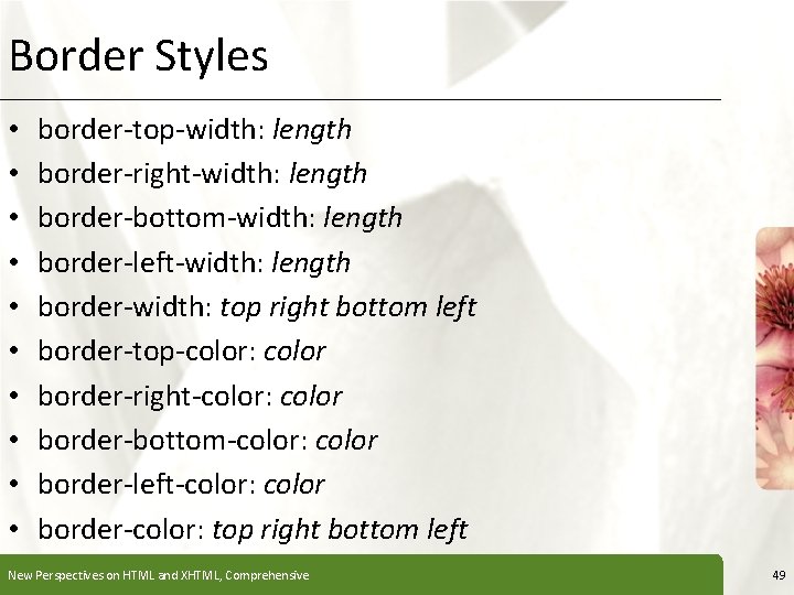Border Styles • • • XP border-top-width: length border-right-width: length border-bottom-width: length border-left-width: length