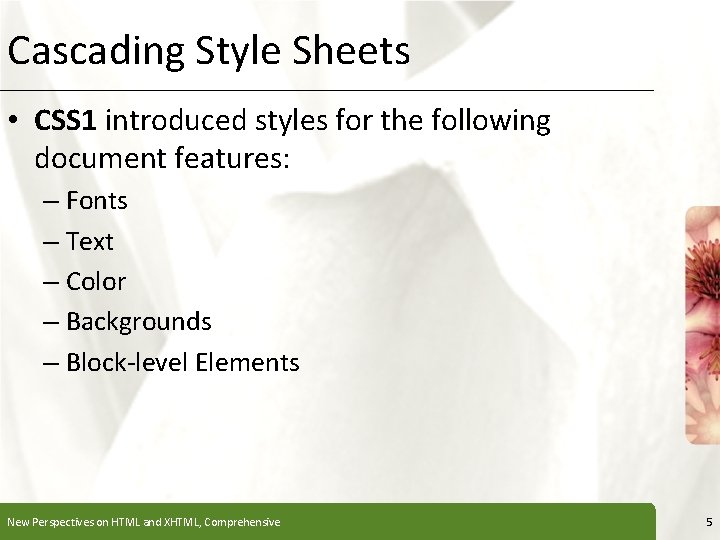 Cascading Style Sheets XP • CSS 1 introduced styles for the following document features: