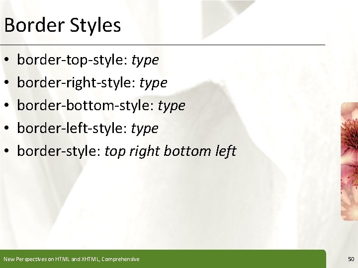 Border Styles • • • XP border-top-style: type border-right-style: type border-bottom-style: type border-left-style: type