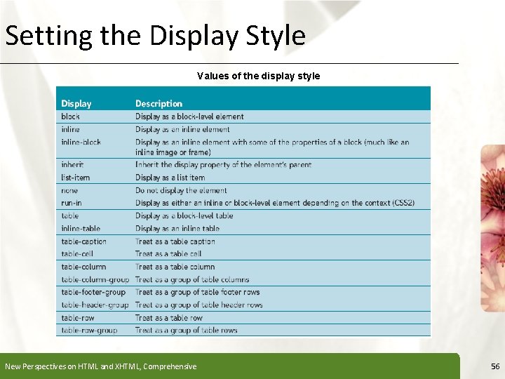 Setting the Display Style XP Values of the display style New Perspectives on HTML