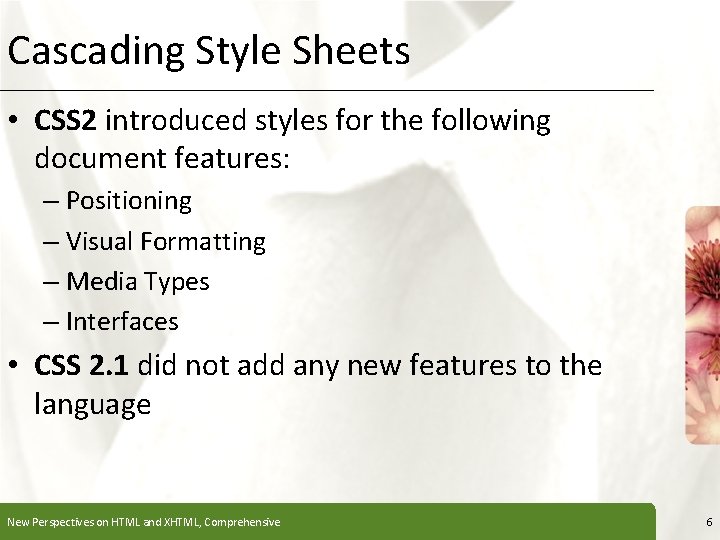 Cascading Style Sheets XP • CSS 2 introduced styles for the following document features: