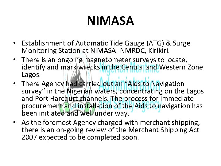 NIMASA • Establishment of Automatic Tide Gauge (ATG) & Surge Monitoring Station at NIMASA-