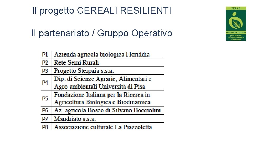 Il progetto CEREALI RESILIENTI Il partenariato / Gruppo Operativo 