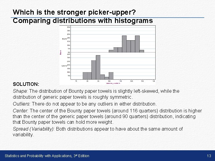 Which is the stronger picker-upper? Comparing distributions with histograms SOLUTION: Shape: The distribution of