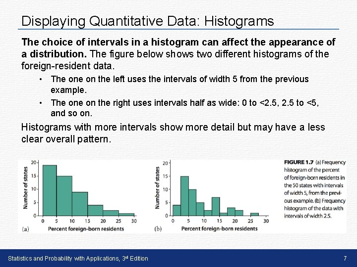 Displaying Quantitative Data: Histograms The choice of intervals in a histogram can affect the
