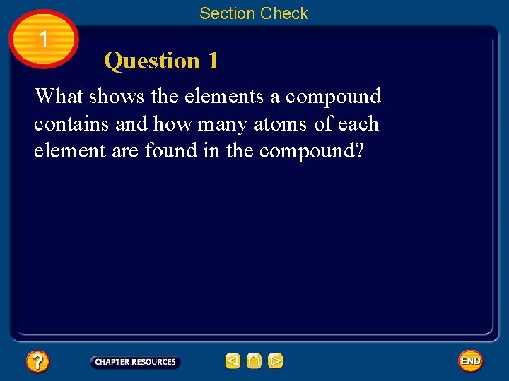 Section Check 1 Question 1 What shows the elements a compound contains and how