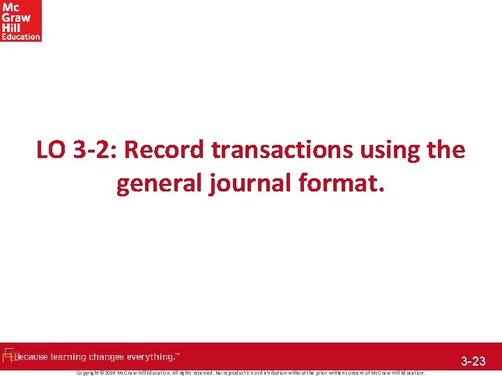 LO 3 -2: Record transactions using the general journal format. 3 -23 Copyright ©