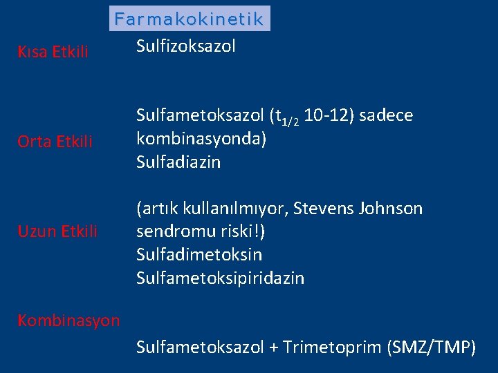 Farmakokinetik Kısa Etkili Sulfizoksazol Orta Etkili Sulfametoksazol (t 1/2 10 -12) sadece kombinasyonda) Sulfadiazin