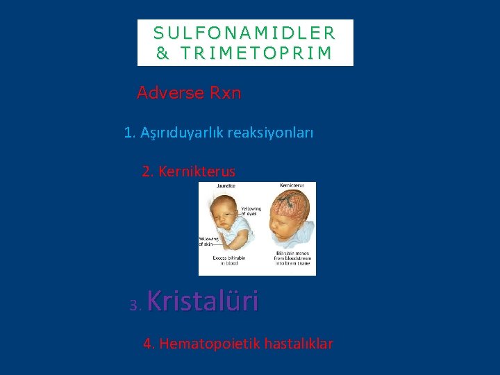 SULFONAMIDLER & TRIMETOPRIM Adverse Rxn 1. Aşırıduyarlık reaksiyonları 2. Kernikterus 3. Kristalüri 4. Hematopoietik