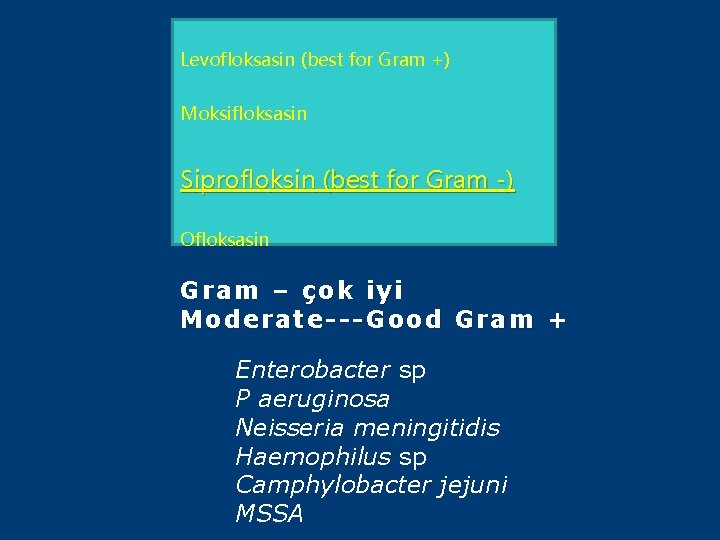 Levofloksasin (best for Gram +) Moksifloksasin Siprofloksin (best for Gram -) Ofloksasin Gram –