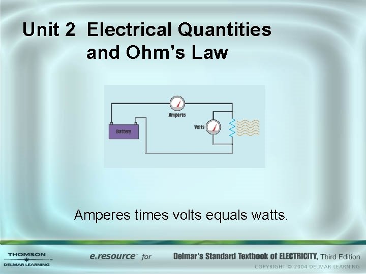 Unit 2 Electrical Quantities and Ohm’s Law Amperes times volts equals watts. 