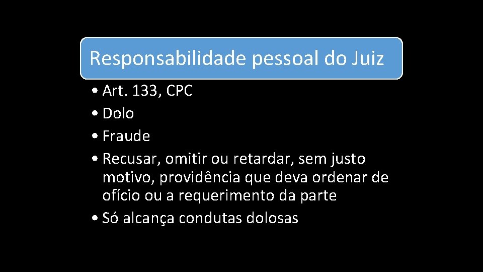 Responsabilidade pessoal do Juiz • Art. 133, CPC • Dolo • Fraude • Recusar,