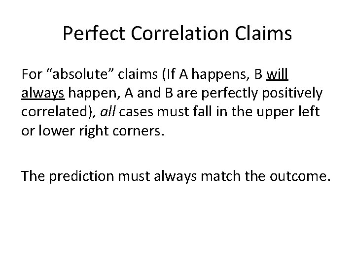 Perfect Correlation Claims For “absolute” claims (If A happens, B will always happen, A