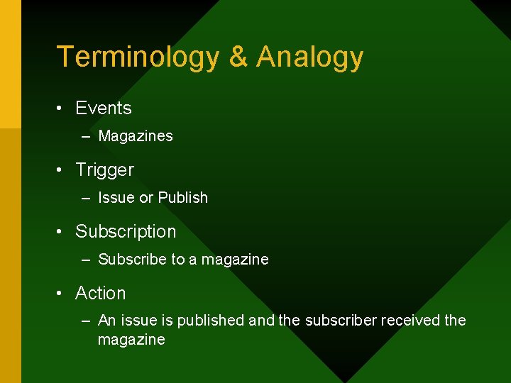 Terminology & Analogy • Events – Magazines • Trigger – Issue or Publish •