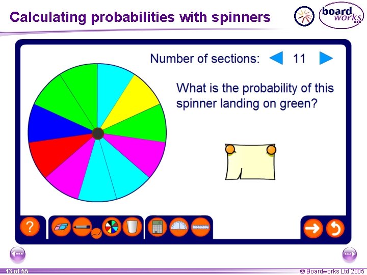 Calculating probabilities with spinners 13 of 55 © Boardworks Ltd 2005 