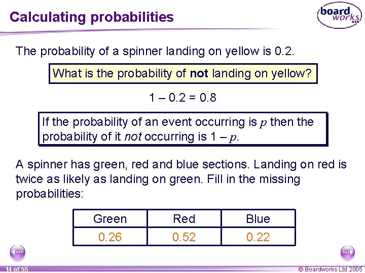 Calculating probabilities The probability of a spinner landing on yellow is 0. 2. What