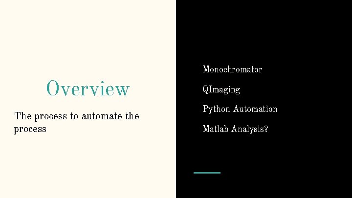 Monochromator Overview The process to automate the process QImaging Python Automation Matlab Analysis? 