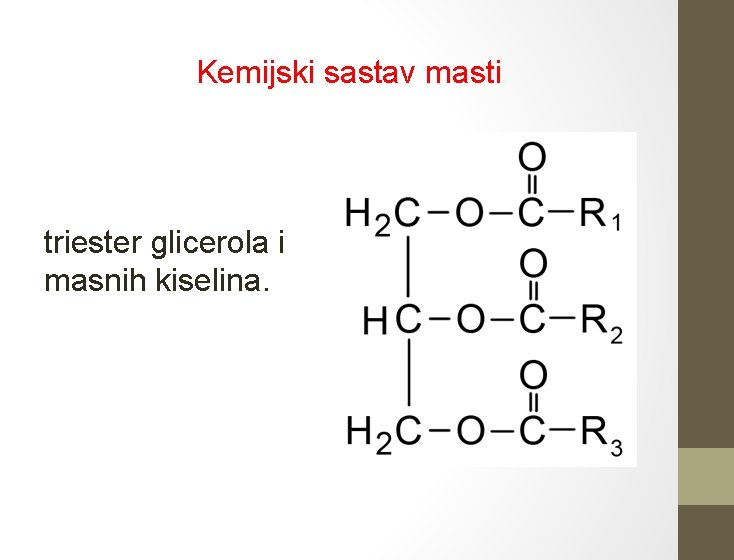 Kemijski sastav masti triester glicerola i masnih kiselina. 