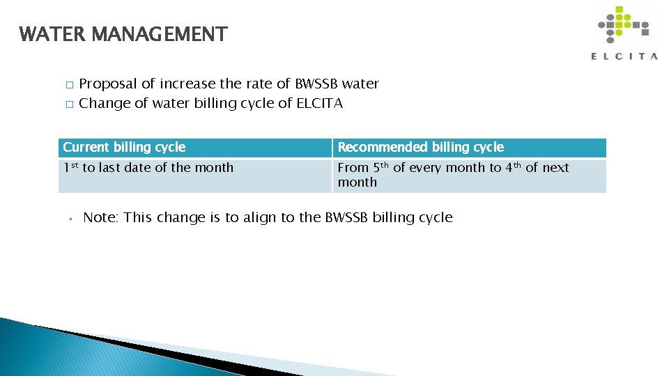 WATER MANAGEMENT � � Proposal of increase the rate of BWSSB water Change of