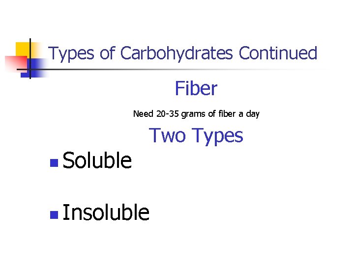 Types of Carbohydrates Continued Fiber Need 20 -35 grams of fiber a day Two