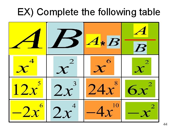 EX) Complete the following table * 44 