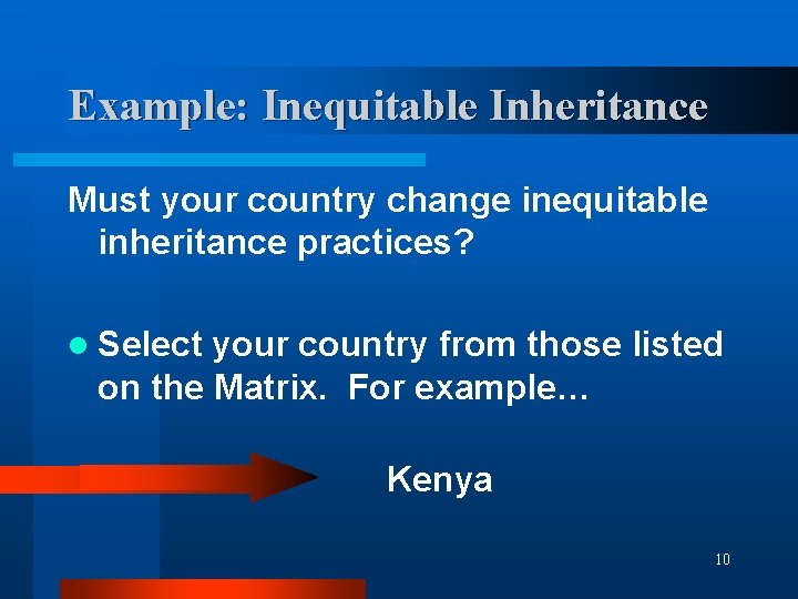 Example: Inequitable Inheritance Must your country change inequitable inheritance practices? l Select your country