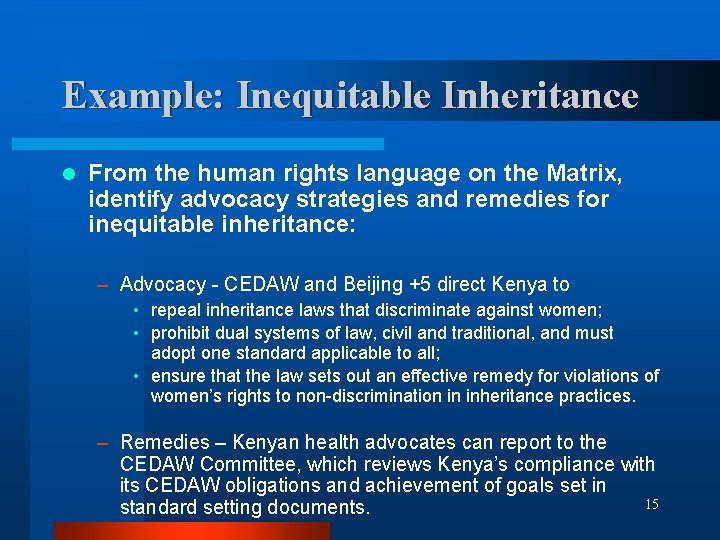 Example: Inequitable Inheritance l From the human rights language on the Matrix, identify advocacy